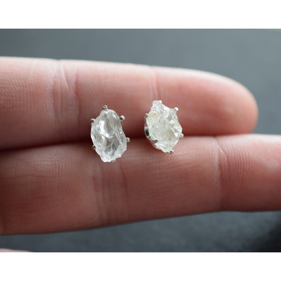 Sterling silver stud earrings, alternative diamond, uncut natural gemsto… - Picture 4 of 4